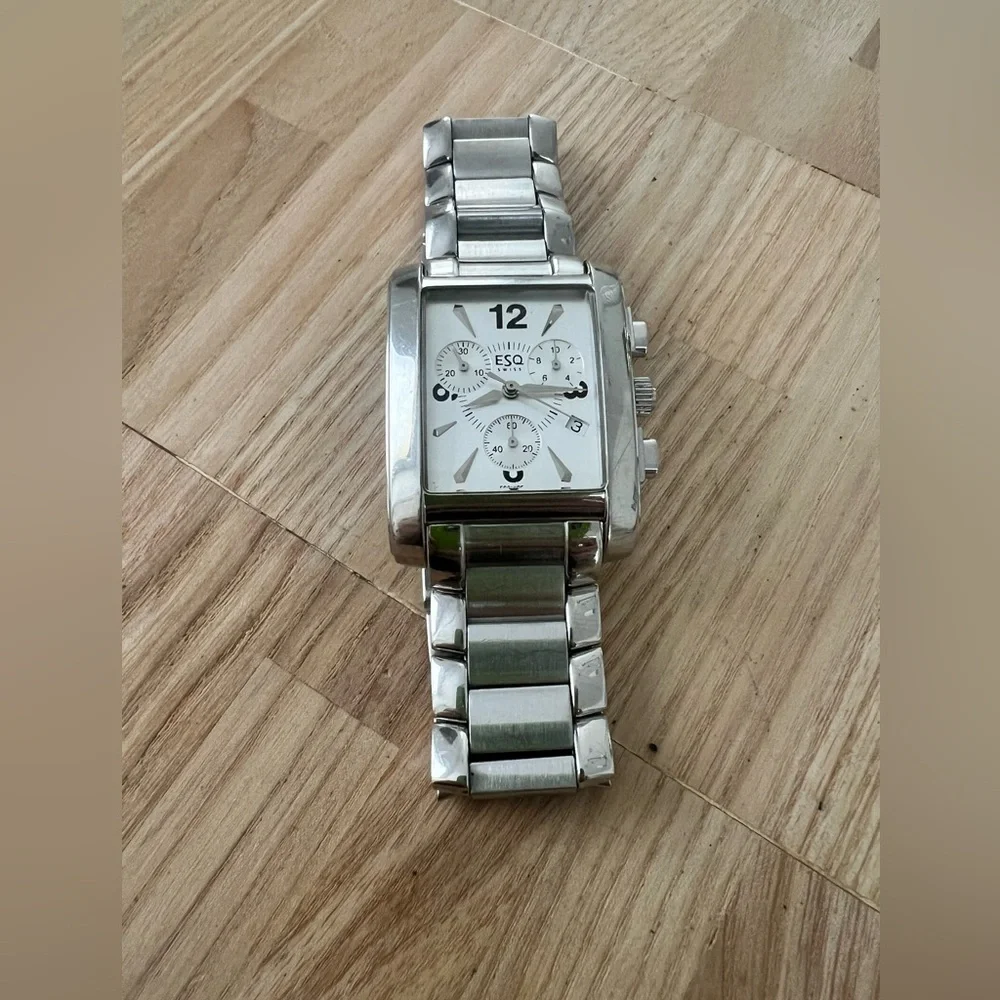 ESQ by Movado mens rectangular stainless steel chronograph watch NEW BATTERY
